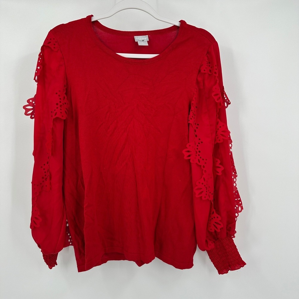 Chicos Womens Romantic Eyelet Top SIze 2 US L Feminine Business Casual Ruffle